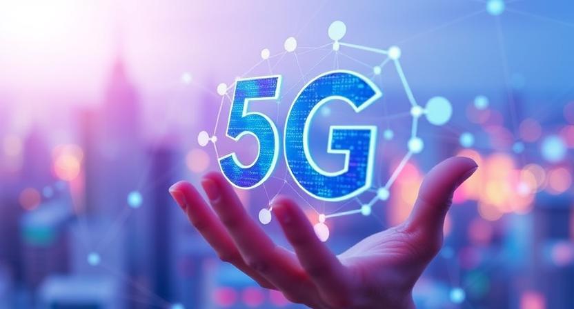 5G network tower with city skyline